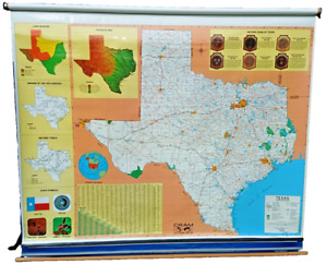 Vintage Cram Pulldown Hanging Retractable School 3 Maps Texas Usa World
