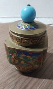 Chinese Brass Enamel Finial Lid Tea Caddy Snuff Jar Cloisonne Antique Vintage