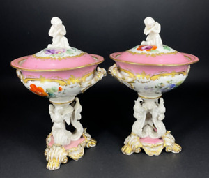 Pair Old Paris French Porcelain Covered Compotes Pink Gold Floral Cherub Bird