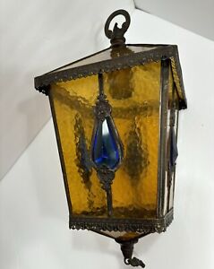 Vintage Arts Crafts Amber Glass Lantern Colbalt Gems