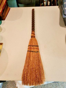 Vintage Handmade Artisan Woven Straw Hearth Broom Twisted Wood Handle 33 Vguc
