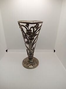 Vtg Art Nouveau Silver Plated Trumpet Vase Mild Damage To Glass Insert 9 75 