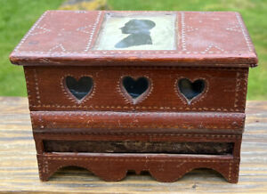 Antique Chip Carved Sweetheart Box With Hinged Lid Silhouette Hearts Ooak Aafa