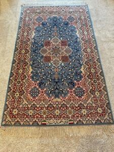 Fine Vintage Hand Knotted Wool And Silk Isfahann Isfahane Rug 4x6 Ft Kpsi 700
