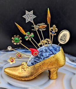 Antique Metal Vintage Victorian Shoe Pin Cushion With 13 Vintage Stick Pins