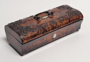 19th C Antique Circa 1810 1830 French Jewelry Box Cut Steel Pique On Burled Wood