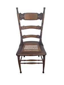Antique Oak Press Back Chair With Caned Seat