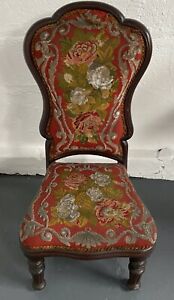Antique Solid Hardwood Tapestry Beaded Needle Worked Low Fireside Chair