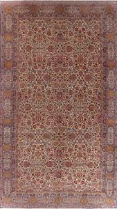 Antique Ivory Wool Handmade Floral Kirman Lavar Palace Size Rug 11x19 Carpet
