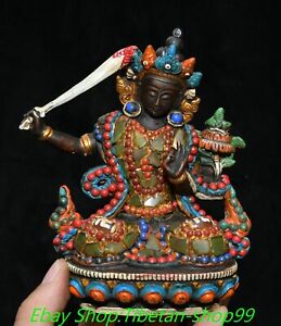 5 5 Old Tibet Bone Inlaid Gems Dzi Beads Hold Sword Wenshu Kwan Yin Statue