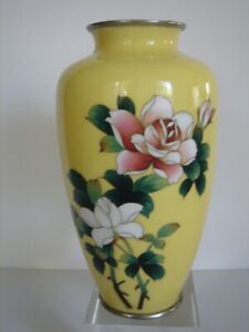 Vintage Ginbari Yellow Japanese Cloisonn Vase 7 25 Inches Tall Rose Blossom