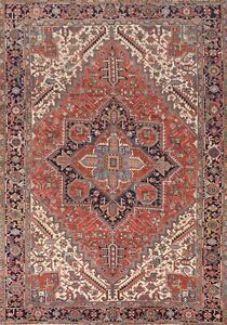 Antique Heriz Serapi Geometric Living Room Rug 9 X12 Hand Knotted Wool Carpet