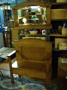 Antique Oak Hall Bench Matching Mirror W Hooks 1900 S Refinished Mission Style