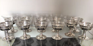 Vintage Sterling Silver Sherbert Dessert Cups With Etched Glass Insert Set