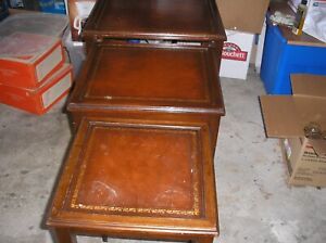 Vintage Henredon Style 3 Pcs Wood Nesting Embossed Leather Top End Tables