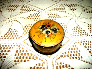 Antique French Hp Toleware Wood Trinket Box Floral Mustard Hp France