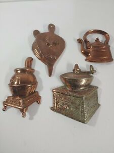Vintage Metal Kitchen Wall Plaques Grinder Wood Stove Bellows And Teapot