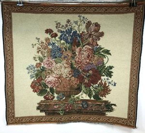 Vintage Italian Woven Floral Bouquet On Column With Decorative Border Tapestry
