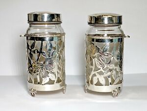 Pair Of 2 Vintage Glass Spice Jars Sterling Silver Floral Pattern Overlay