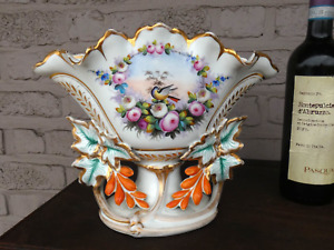 Antique French Vieux Paris Porcelain Bowl Vase Centerpiece Bird Floral Decor