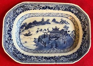 Antique 18th C Chinese Export Porcelain Blue White Small Platter With Repair