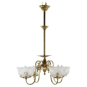 Antique Brass Four Arm Gas Light Hanging Fixture With Glass Shades C1880