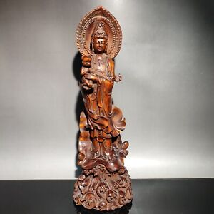 Vintage Wood Carving Praying Decor Wooden Boxwood Children Kwan Yin Statue Guan