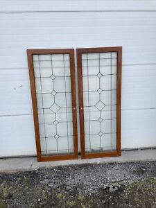 Mk 117 Pair Antique And Leaded And Beveled Glass Cabinet Doors Oak 44x58