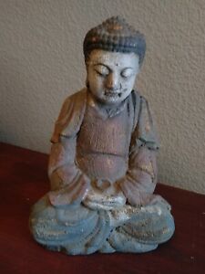 Chinese Old Wood Carving Buddha Statue Carved Sakyamuni Painted Wooden Sculpture
