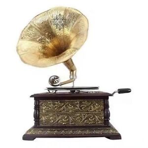 Vintage Hmv Replica Gramophone Player 78 Rpm Phonograph Brass Horn Wind Up