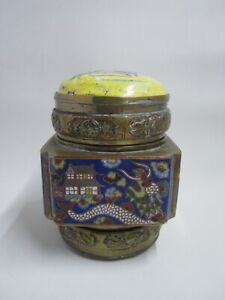 Antique Chinese Cloisonne Dragon On Copper Porcelain Lid Tea Caddy Box Signed