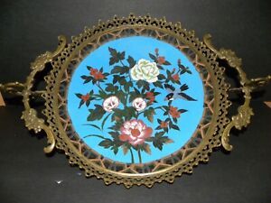A French Chinoiserie Cloisonne Tray W Ornate Bronze Ormolu Mount Trim