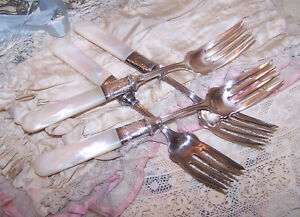 Set 4 Antique Victorian Mother Of Pearl Sterling Ferrule 7 1 4 Dinner Forks