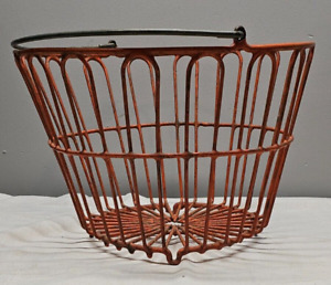 Vintage Farm Egg Basket Metal W Handle Large 9 5 Tall 14 5 Dia Rubber Coated