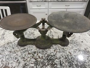 Antique Troemner Cast Iron Balance Scale Weights 2 Green W Patina Look