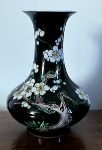 Small Chinese Export Porcelain Famille Noir Black Prunus Vase Kangxi Leaf Mark