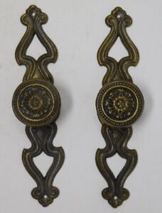 Two Drawer Handle Cabinet Pulls With Back Plate Single Knob Brass Pair Vintage