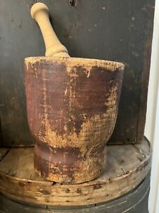 Beautiful Early Old Antique Wooden Red Mortar And Pestle