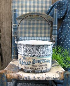 Small Antique Blue Marble Graniteware Berry Pail Burpee Seeds Label Print