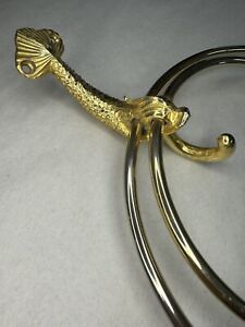 Vtg Brass Dolphin Fish Double Towel Ring Holder W Hook Tropical Beach Nautical