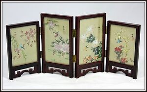  Hand Painted Dual Scene Miniature Chinese Four Panel Screen 6 5 H X 14 5 W 
