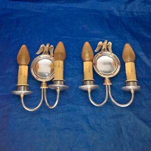 Early Art Deco Arts Crafts Nickel Over Brass Sconces With Eagle Finials 62e