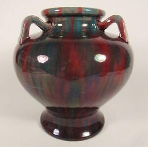 Vintage Flambe Awaji Ware Signed Three Handled Art Pottery Vase