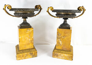 Antique Italian Grand Tour Sienna Marble And Bronze Garniture Tazzas