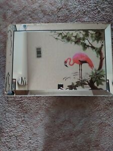 Vintage Turner Flamingo And Palm Tree Mirror With Covered Wood Frame 1950s