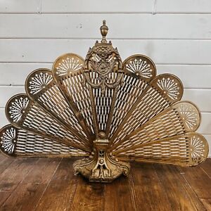 Vintage Brass Peacock Fireplace Screen Fan With Cameo Fine Detail Circa Early