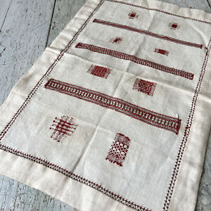 1900 Dated Antique French Linen Sampler Embroidery 19th Century Red White Monog