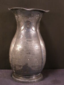 Htf 19c Victorian Silverplate Scenic Portrait Mantle Flower Melon Rib Pot Vase