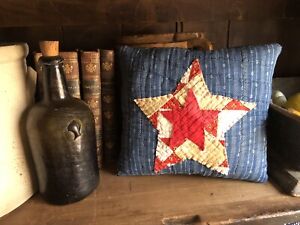 Antique Quilt Coverlet Star Pillow Primitive Americana 4th Of July