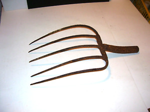 Antique Vintage Primitive Forged 5 Tine Prong Pitch Fork 15 Head Hay Barn Farm